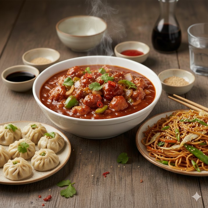 Veg Noodles and Chilli Paneer and Veg Momo